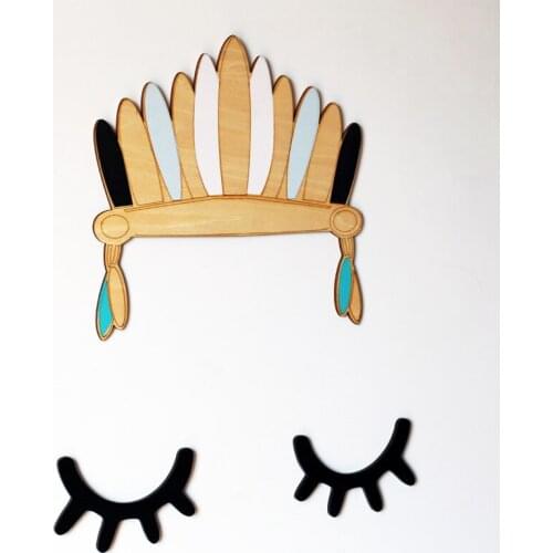 Ins Nordic Wooden Indian Feather Crown and Wood Eyelash Kids Room Wall Decorations Christmas Photography Props Gift