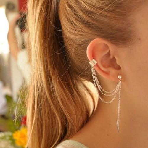 Punk Style Ear Clip Metal Chain Tassel Earrings Women Leaves Fashion Jewelry Accessory