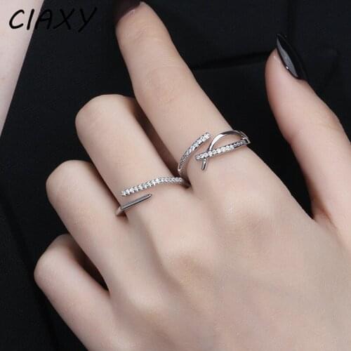 CIAXY 925 Sterling Silver Geometric Adjustable Cross Ring Inlaid Zircon Irregular Rings for Women Best Friend Party Jewelry Gift