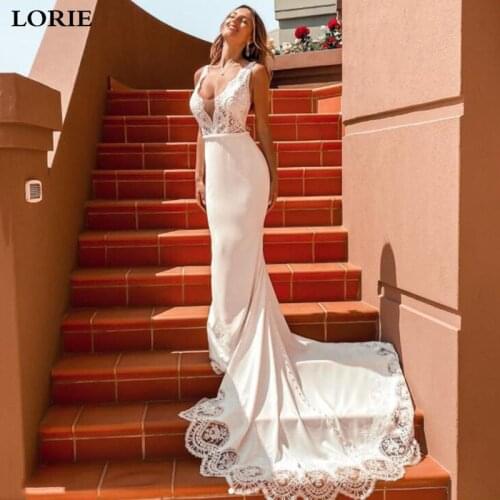 LORIE Lace Mermaid Wedding Dress Sexy V Neck Vestidos De Novia Vintage Lace Backless Bridal Gown Soft Satin Wedding Gowns