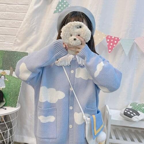Cute Cardigan For Women Autumn Soft Cloud Embroidery Over Size Long Sleeve Sweater Lovely Knitted Cardigans With Pocket