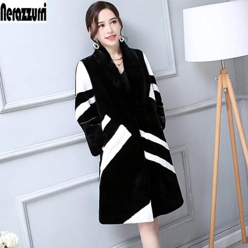Nerazzurri Faux Fur Coat Women White And Black Contrast Color Luxury Knee Length Imitation Rabbit fur Overcoat Korean Fashion