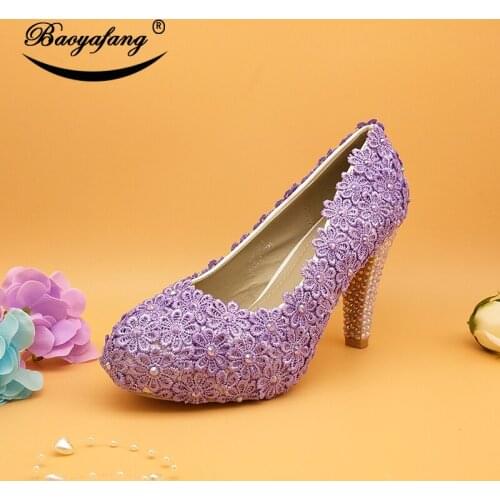 BaoYaFang New Violet Flower Party heels shoes Woman Purple crystal Wedding shoes Ladies Dress single shoes Thin heel round toe