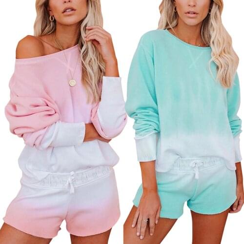 New 2Pcs Women Home Drawstring Elastic Waist Shorts Loungewear Set for Girls + Wear Gradient Color Long Sleeves Pullover