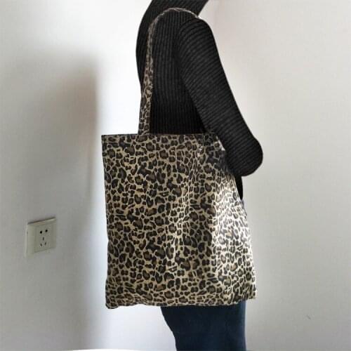 New Women Leopard Canvas Bags Tote Chic Cloth Shopping Bags Single-Shoulder Bags Foldable Reusable Eco Handbags With Zipper