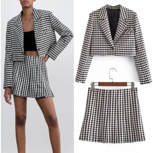 Za Women 2021 Set 2 Pcs Black Plaid Cropped Blazer Female Suit Long Sleeve Elegant Office Suits Skirt Woman High Waist Skirts