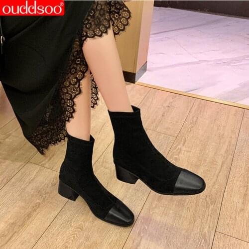 ODS Leather Boots Women Square Heel Ankle Boots For Women Fashion Ladies Autumn Winter Shoes Woman Black Boots Women Sizes34-43