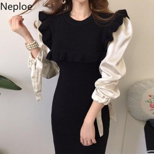 Neploe Chic Retro Wooden Ear Fake 2 Pcs Knit Patch Sweater Dress High Waist Hip Bodycon Vestido Puff Long Sleeve Ropa New 49164