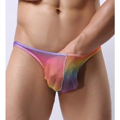 Low-waist gauze transparent seamless male panties mens briefs underwear rainbow slip homme sexy see through briefs men