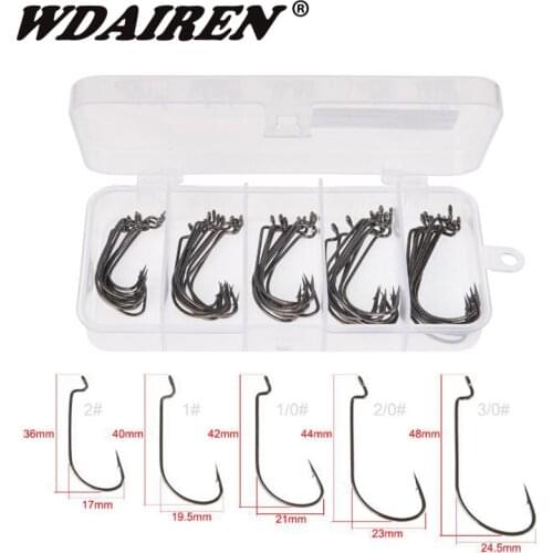 50Pcs/Box Wide Crank Fishing Hooks Carbon Steel Offset Fishhook 3/0#-2# Bass Barbed Carp Fishing Hook For Soft Worm Lure set