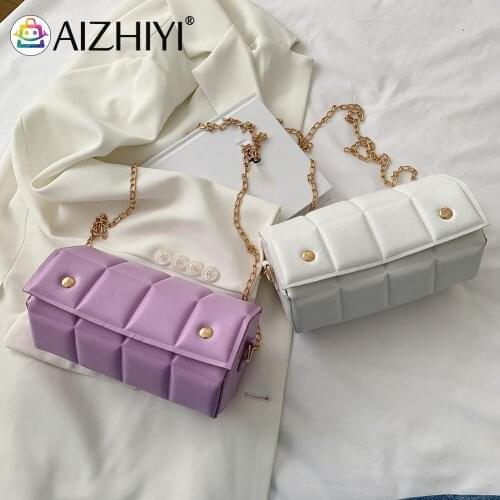 Vintage Women PU Leather Solid Color Checker Pattern Hexagonal Cylinder Crossbody Messenger Bag Casual Ladies Chain Flap Handbag