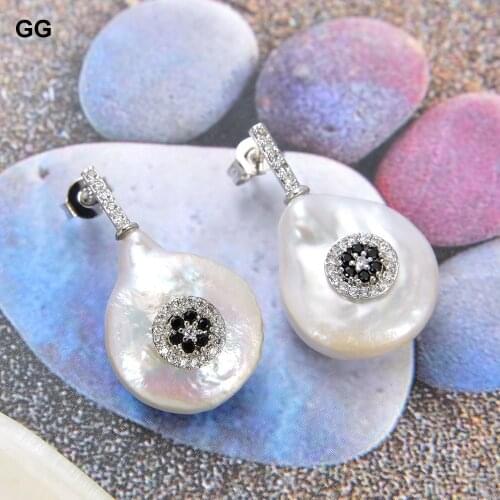 GuaiGuai Jewelry Natural Pearl 14MM White Coin Earrings Cz Pave Stud