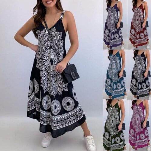 Lady Vintage Printed Long Maxi Dress Deep V-neck Summer Beach Tank Dress Sleeveless Dresses Vestidos For Women