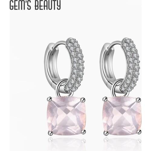 GEMS BEAUTY 925 Sterling Silver Gemstone Drop Earrings Natural Rose Quartz Fashion Earrings For Women Wedding Fine Jewelry