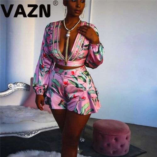 2020 Hot Plus Size Retro Print Hollow Out Sexy Elegant Deep V-Neck Full Sleeve Top Short Pants Chiffon Slim Women 2 Piece Set