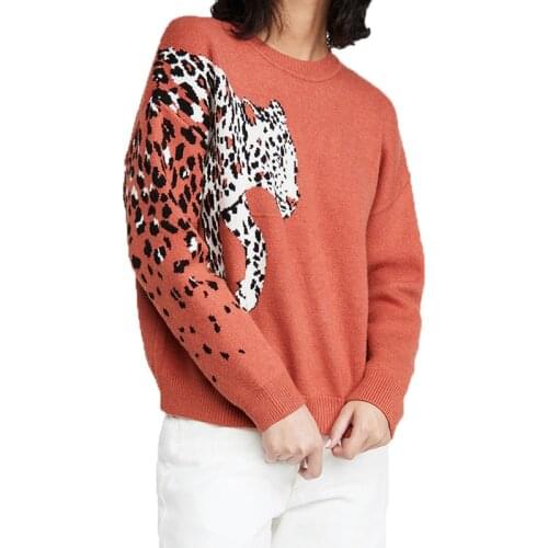 Leopard Pattern Knitted Cropped Sweater for Women Long Sleeve Knitting Sweaters Pullovers Female 2021 Autumn Spring Loose Jumper