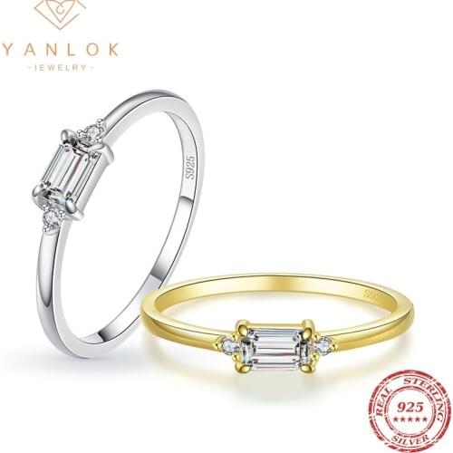 YANLOK Trendy Real 925 Sterling Silver Stackable Shine Emerald Cut Clear CZ Finger Rings For Women Wedding Engagement Jewelry
