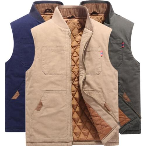Winter thick fishing cotton vest mens loose large size hiking camping tourism multi-pocket shoulder warm stand-up collar vest