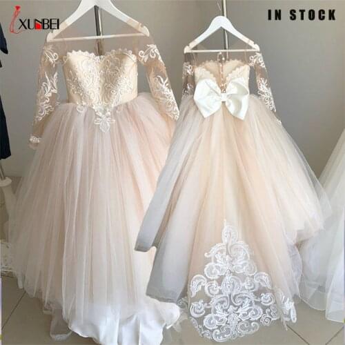 2021 New Bow Lace Ball Gown Flower Girl Dresses For Wedding Sweet Long Sleeve Soft Tulle Girls Princess Communion Dresses