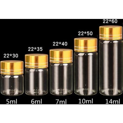 22mm Diameter Gold Silver Lid Glass Refillable Bottle DIY Wishing Bottle Aluminum Cap Drift Vial Sealed Tubular Bottle 10ml 14ml