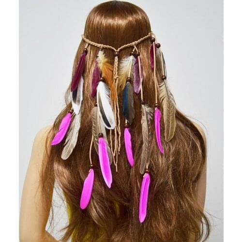 Bohemian Hippie Headband Dream Catcher pink Feather Headdress Fashion Peacock Feather Headbands Ethnic Jewelry Hair Accessories