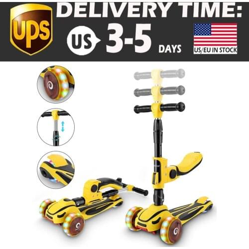 Kids Adjustable Height Kick Scooter Flashing Wheels 3 Wheels With Foldable Seat Yellow Black Unfold Size: 11.0x20.5x30.7inch