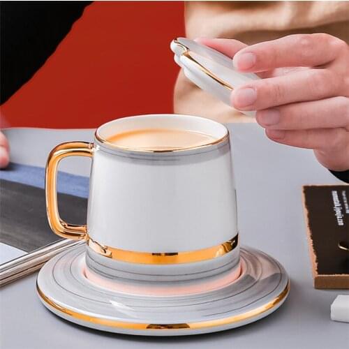 European Pearl Glaze Ceramic Coffee Cup With Lid Saucer Spoon Set Simple Porcelain Milk Mug Afternoon Tea Cup Office Drinkware