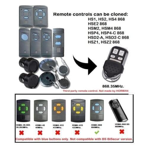 Copy HS1/HS2/HS4 HSE2 HSM2/HSM4 HSP4/HSP4-C HSD2-C/HSD2-A HSZ1/HSZ2 FIT2 868MHz remote Clone remote control duplicator