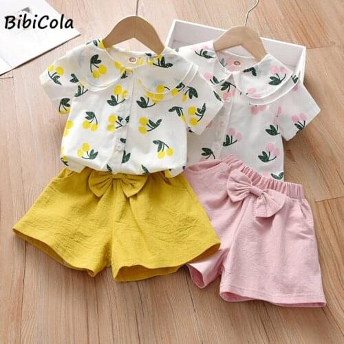 Lovely Kid Baby Girls Doll collar Clothes Sets Summer printing Short sleeve Tops +Shorts 2pcs Outfits Fashion Clothing 2-6Years