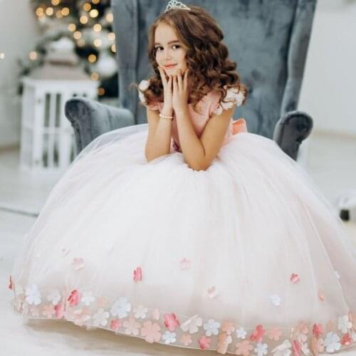 Cute Flower Girl Dresses For Wedding Jewel Neck Beads Floral Appliqued Kids Pageant Gowns Birthday Party Tulle Kids Prom Dress