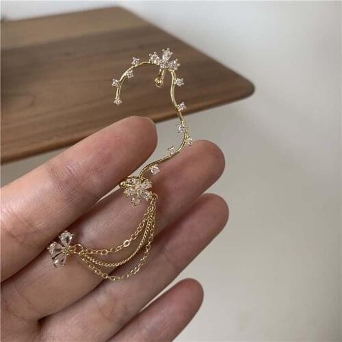Fashion Moon Zircon Pearl Long Tassel Ear Cuff Women Earrings Fashion Jewelry Ear Bone Clip Earrings