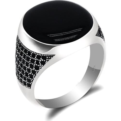 Pure 925 Sterling Silver Man Ring with Oval Black Enamel Thai Silver Women Ring Male Fine Jewelry Couple Gift Simple Design