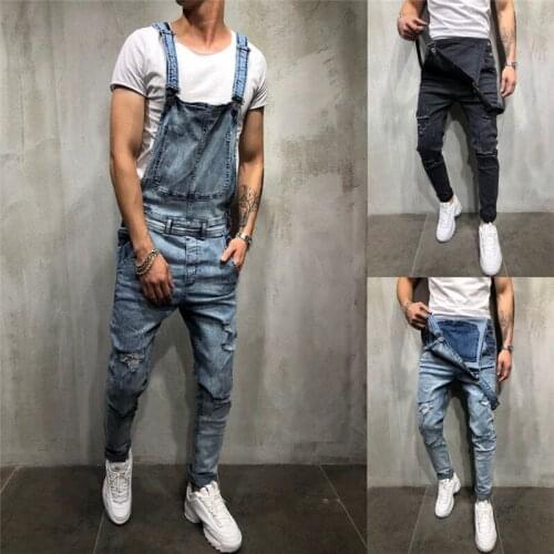 Men Distressed Denim Carpenter Overalls Bib Jumpsuits Destroyed Biker Jean Pants Overalls