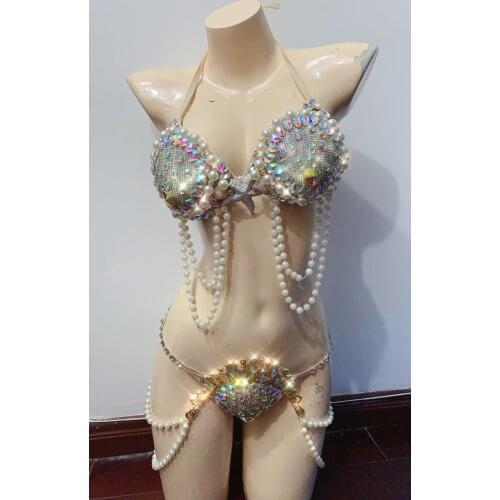 Nightclub dj gogo sexy shell bikini costume party girl shiny pearl rhinestones belly dance costumes