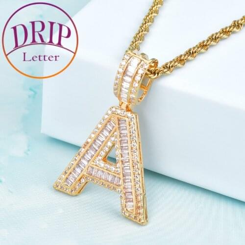Gold Color Baguette Letters Charm Men Rock Initials Pendant Necklace Jewelry