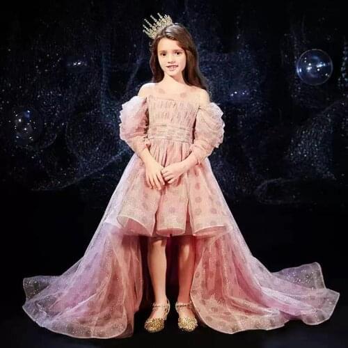 Flower Girl Dress Illusion Sequined Pleat Full O-Neck Princess Knee-Length Tulle Lace Off The Shoulder Pink Kids Party Gown H460