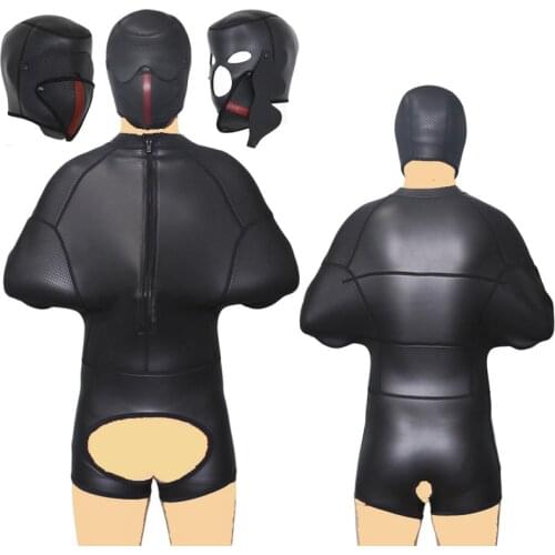 Rubber Open-Seat Body Suit,Crotchless Pants Arm Bondage Set Enclosed Sex Slave Head Hood Mens Sexy Costume BDSM Game Sex Toys