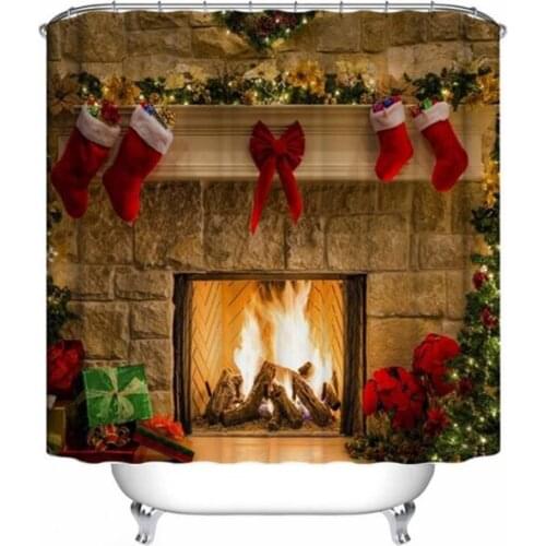 Christmas Shower Curtain Set 3D Digital Printing Waterproof Polyester Christmas Series Fireplace Bathroom Decoration 2020 New