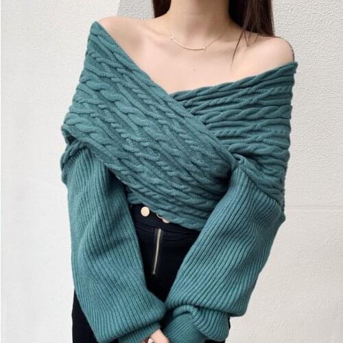 Sexy Women Sweaters Winter Cross V Neck Women Low Cut Pullover Sweaters Lady Sexy Off The Shouder Sweater Tops