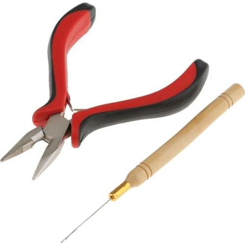 Hair Extensions Pliers with Wooden Pulling Hook Set For Silicone Micro Ring Loop Bead
