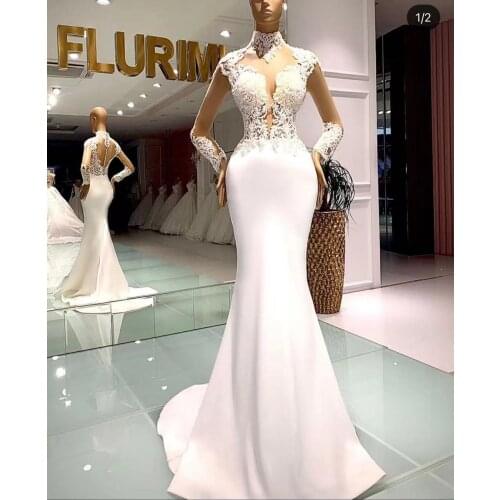 SuperKimJo White Evening Dresses Long Sleeve Lace Applique Mermaid Elegant Cheap Formal Evening Gown Vestidos De Noche