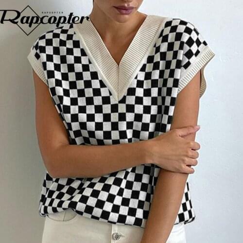 Rapcopter Plaid Knitted Jumpers Vintage V Neck Sweaters Sleeveless Loose Casual Tank Tops Autumn Winter y2k Knitwear Harajuku