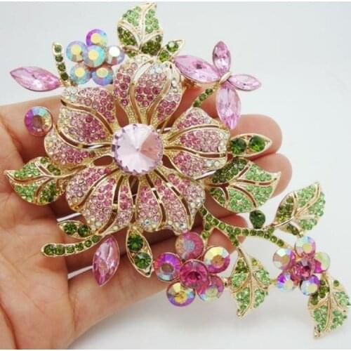 New Elegant Pink Crystal Flower Brooch Romantic Wedding Bride Bridesmaid Rhinestone Jewelry