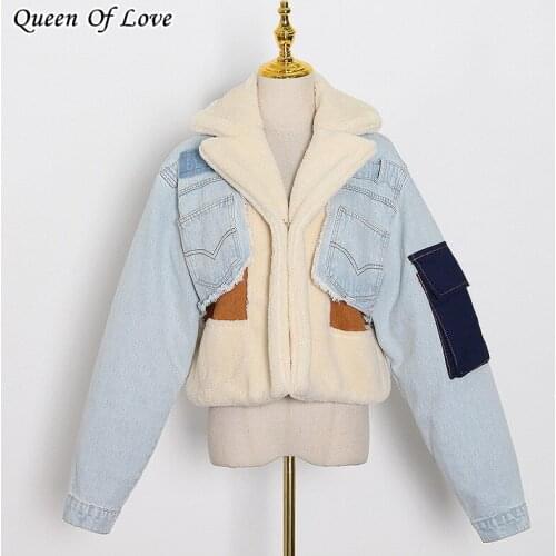 2020 Fall Winter Sheep Fur Turn-Down Collar Long Sleeve Jacket And Coat Women Blue Denim Patchwork Warm Wool Short Outwear