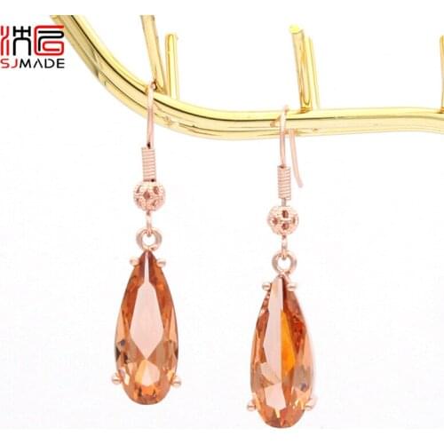 SJMADE Korean Fashion Classic Long Water Drop Cubic Zirconia Dangle Earrings 585 Rose Gold Ear Hook For Women Wedding Jewelry