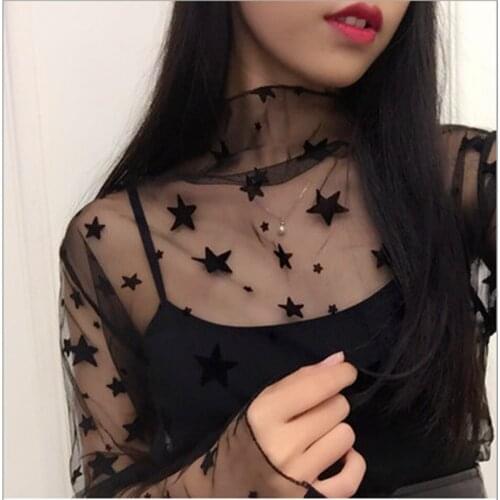 Womens Tops Sexy T-Shirt High Neck Black Mesh Pullover New Long Sleeve Fashion Clothing Vintage Tops for Women Full Sleeves