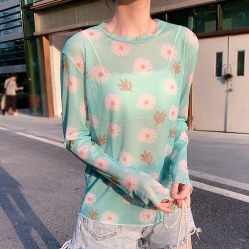 Women Smock Top Flower Print Wild Mesh Cute Sweet Korean Style Chiffon T-Shirt HOT Summer Long-Sleeve Cover-Up Sunscreen Shirt