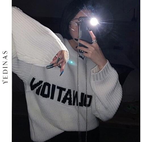 Yedinas Streetwear Letter Sweater Women Clothing O Neck Long Sleeve Korean Pullover Autumn Winter 2021 Ladies Knitted Jumper Y2k