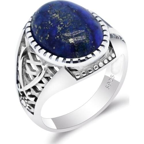 925 Sterling Silver Natural Lapis Stone Men Ring Islamic Double Swords Ring for Male Women Muslim Religious Fine Jewelry Gift