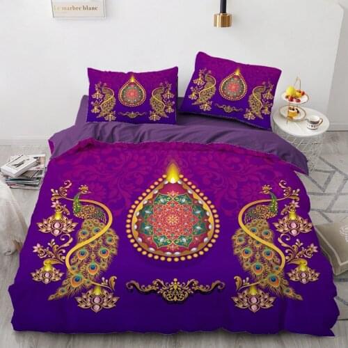 American 3D Duvet Cover Sets Purple Quilt Covers Pillow Case Comforter Shell King Queen Size Bed Linen Peacock Design Bedclothes